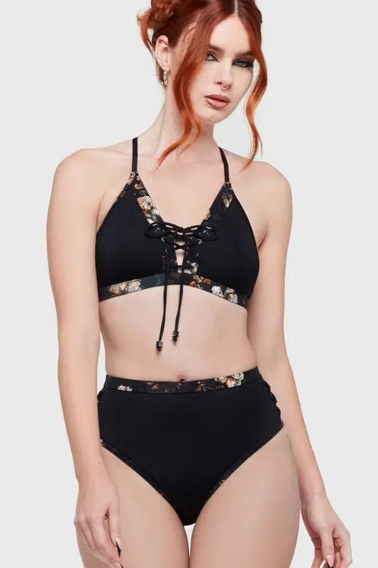 Bas de bikini Gothic de Killstar - Twilight Boho Summer - Cinder Root - Bas de Bikini - S à 4XL - pour Femme - noir/blanc