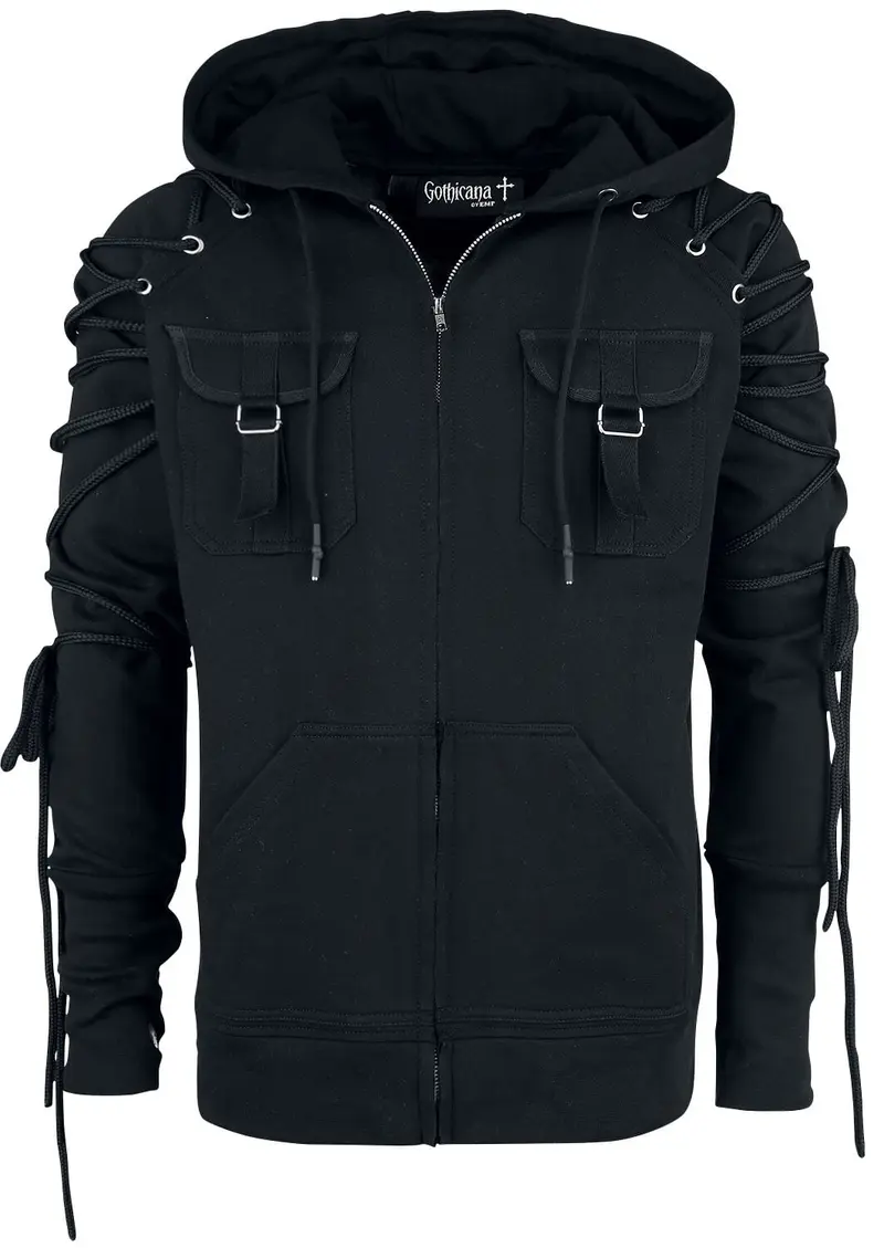 Sweat-shirt à capuche Gothic de Gothicana by EMP - Veste À Capuche Noire Avec Laçages - XL - pour Homme - noir
