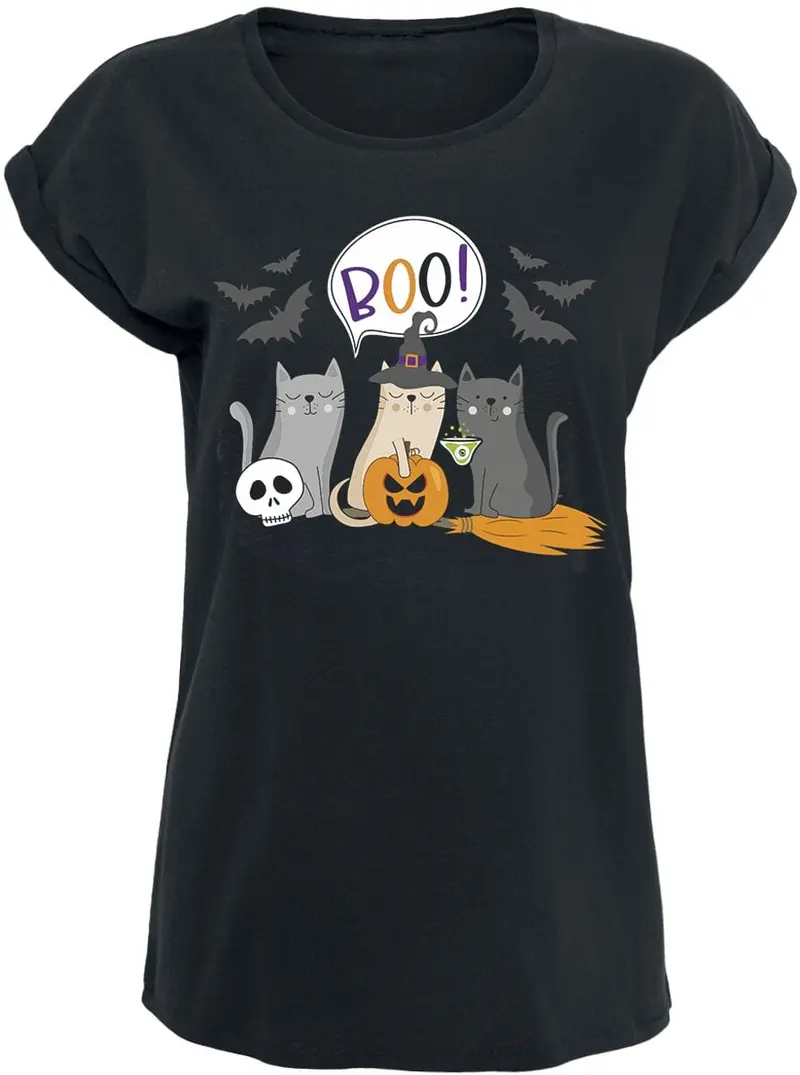 T-Shirt Manches courtes Fun de Slogans - Chats Halloween - Boo! - XS à 5XL - pour Femme - noir